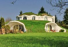 an unusual house with green grass on the roof and windows in the back ground, surrounded by trees