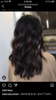 Black And Brunette Balayage, Dark Cocoa Balayage, Dark Brunette Hair With Burgundy, Haircuts For Medium Hair Long Layers, Dark Brown Black Balayage, Winter Balayage Dark Hair, Burnett Balayage Fall, Dark Brown Hair With Gloss, Black With Dimension Hair