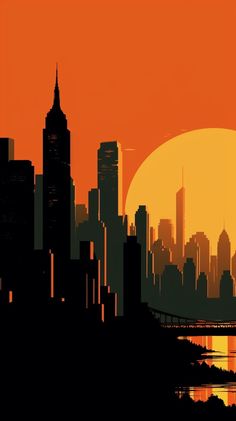 Minimalist phone wallpaper showcasing a striking orange background and a contrasting New York City skyline, tailored for Android and iPhone devices with a lively, contemporary appeal. City Background Digital Art, Vibrant Orange Aesthetic, City Silhouette Illustration, Orange Aesthetic Painting, City Silhouette Art, Orange Background Aesthetic, Orange Wallpaper Iphone, New York Silhouette, New York City Wallpaper