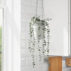 a plant hanging from the side of a white brick wall next to a wooden cabinet