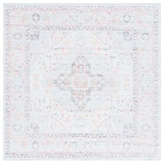 a white rug with an ornate design on the front and back side, in pastel tones