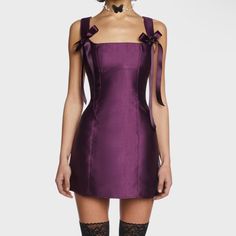 Dark Purple Dollskill Dress "Current Mood." Adjustable Bow Straps And Zipper Up Back, Super Flattering And Beautiful Fitted Dress. Tags Are Pinned Attached. Purple Mini Dress For Costume Party, Purple Sleeveless Mini Dress For Costume Party, Current Mood Clothing, Purple Outfits, Purple Mini Dresses, Current Mood, Hoco Dresses, Mode Streetwear, Looks Vintage