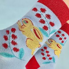 A pair of blue and red socks with rabbits on them. Bunny Socks, Nylon Socks, Metallic Yarn, Cotton Socks, In The Fall, Combed Cotton, The Fall, Etsy App, Selling On Etsy