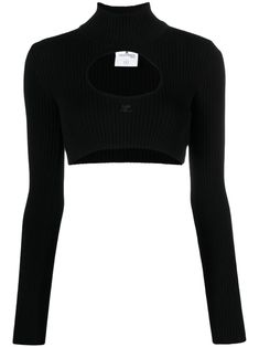 black ribbed knit embroidered logo to the front cut-out detailing high neck long sleeves straight hem cropped Sweaters Black, Jersey Outfit, Timeless Wardrobe Staples, Crop Top Blouse, Poplin Shirt, Knitwear Women, Denim Top, High Collar, Denim Shirt