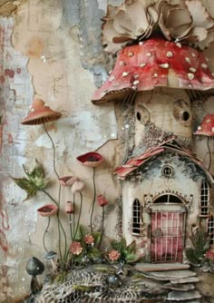 an altered photograph of a mushroom house with flowers and mushrooms on the roof, in front of a grungy wall