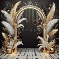 an arch decorated with gold and white feathers