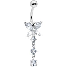 Product DetailsClear CZ Gem Open Wing Butterfly Dangle Belly Ring Keep your look open to new styles like the butterfly on this 14 gauge navel ring! It's made with a 3/8" durable 316L surgical grade stainless steel curved barbell with a 5mm top ball end. The bottom end features a butterfly charm, with the top portion of the wings set with clear cubic zirconia gems. The bottom portion of the wings are open work, for an airy appearance. Dangling beneath the butterfly is a length of chain, holding three matching clear cubic zirconia gems for a cohesive and stylish appearance. Let this belly button jewelry remind you that if you keep yourself open, you can fly!Specifications14 Gauge (1.6mm), 3/8" (10mm), 316L Surgical Grade Stainless Steel Curved Barbell, Cubic Zirconia, 5mm Top Ball End Wing Butterfly, Double Butterfly, Belly Piercing Jewelry, Open Wings, Ring Piercing, Jewelry Promotion, Belly Button Jewelry, Navel Jewelry, Dangle Belly Rings