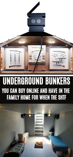 the inside of an underground bunker with stairs leading up to it and two pictures above