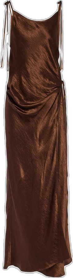 Elegant Brown Draped Dresses, Elegant Draped Brown Dress, Silk Midi Dress For Party, Fitted Formal Midi Dress, Fitted Midi Dress For Formal Occasions, Elegant Brown Ruched Midi Dress, Chic Brown Draped Dress, Fall Evening Midi Dress, Elegant Formal Midi Dress