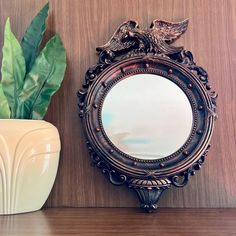 a mirror sitting on top of a wooden table next to a potted green plant