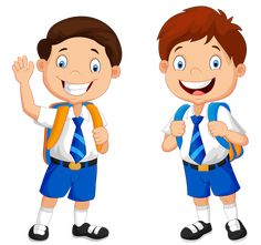 two boys in school uniforms with backpacks waving and giving the thumbs up sign illustration