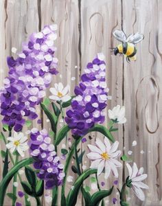 a painting of purple and white flowers with a bee on the fence in the background