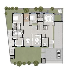 the floor plan for a house with three floors and two cars parked in front of it