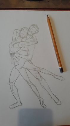 a drawing of two people hugging each other with a pencil in front of the image