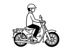 a black and white drawing of a man riding on a motorbike with helmet