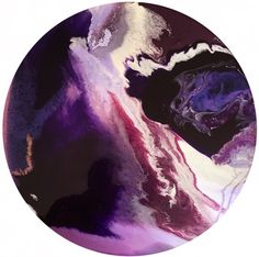 an abstract painting in purple and white on a circular surface with black, red, and blue colors