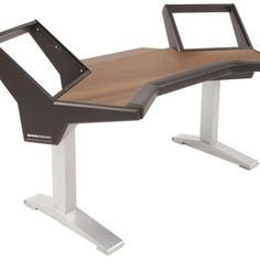 a computer desk with a wooden top and metal legs