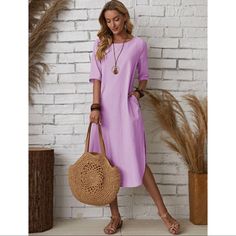 Casual, Lilac Purple Color, Plain Long Tunic Dress. Split Hem, Three Quarter Length Regular Sleeve, Boat Neck, Regular Fit. Slight Stretch 100% Cotton Casual Beige Dresses With Pockets, Khaki Beach Dress, Casual Khaki Cotton Dress, Khaki Beach Dresses With Pockets, Beach Dresses With Pockets In Khaki, Casual Knee-length Khaki Dress, Casual Beige Solid Color Dress, Casual Khaki Knee-length Dress, Casual Khaki Summer Dress