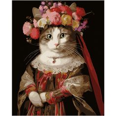 a painting of a cat wearing a flowered headdress and holding a red ribbon