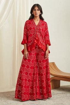 Shop for Twenty Nine Red Georgette Mirror Embellished Jacket for Women Online at Aza Fashions Red Palazzo Pants, Womens Palazzo Pants, Asymmetric Jacket, Pant For Women, Red Mirror, Palazzo Pant, Embellished Jacket, Computer Embroidery, Indian Fashion Designers