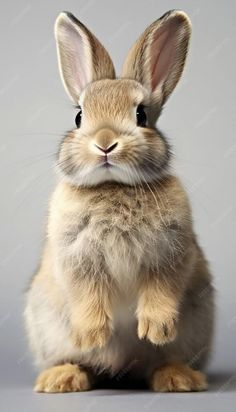 a brown rabbit sitting on top of a white floor next to a gray wall and looking at the camera