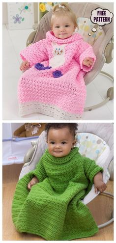 two pictures of babies in crochet clothing and one with a knitted sweater