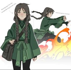 an anime character with long hair and braids standing next to another character wearing a green outfit