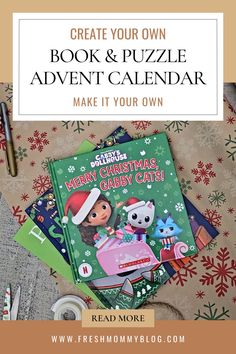 a christmas themed book and puzzle calendar with the title create your own book and puzzle calendar make it your own