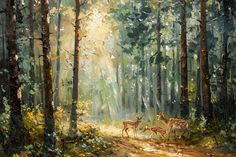 a painting of two deer standing in the middle of a forest with sunlight coming through the trees