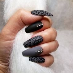 Grey Nail, Cheetah Print Nails, Cheetah Nails, Black Acrylic Nails, Leopard Print Nails, Leopard Nails, Fall Acrylic Nails, Animal Print Nails, Nail Art Rhinestones