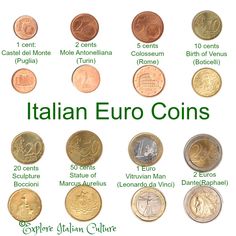 the italian euro coins are shown in red and white