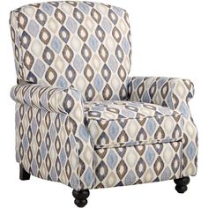 a blue and brown patterned chair with black legs