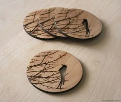 two wooden buttons with birds sitting on them