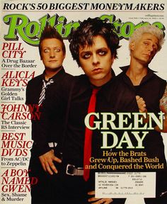 the cover of rolling stone magazine with green day band members in black shirt and red tie