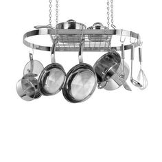 an overhead pot rack with pots and pans hanging from it's chains on a white background