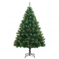 a green christmas tree with yellow lights on it's top and bottom branches, in front of a white background