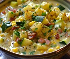 a bowl of soup with potatoes, zucchini and other toppings on top