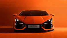 an orange sports car is shown from the front view with its headlights turned to look like it's on fire