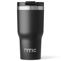 the rtic travel mug is black and silver