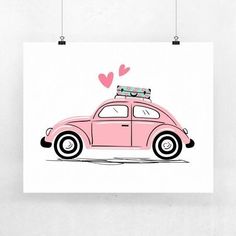 a pink car with luggage on the roof and hearts above it is hanging from hooks