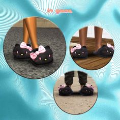 three images of shoes with bows and cat ears on them, one in black and the other in pink