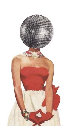 a woman in red and white dress with a disco ball on top of her head