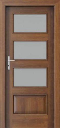 a wooden door with frosted glass on the front and side panels, which are made of wood