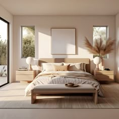 a bed room with a neatly made bed next to a sliding glass door and windows