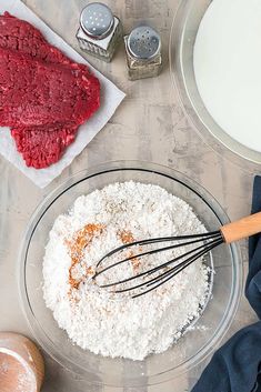 the ingredients to make meatloaf are in bowls and ready to be mixed together