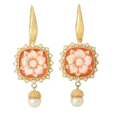 These gorgeous Cameo Italiano "Ballet" flower dangle earrings will frame your face in eye-catching style. Each showcases a 12x12mm cushion-shaped shell cameo along with a 5.5mm freshwater cultured pearl. There's also a touch of sparkle with 16 simulated diamonds around each cameo. You'll love the color, luster and sparkle on your lobes! Measuring 1.75", the exquisite pair is finely crafted in 18K yellow gold plated sterling silver with a polished finish that offers across-the-room shine. Gold Cameo Earrings For Wedding, Luxury Gold Cameo Jewelry, Luxury Gold Cameo Earrings, Fine Yellow Gold Cameo Jewelry, Vintage Gold Cameo Earrings, Pearl Farm, Cameo Earrings, Baroque Pearls, Cultured Pearls