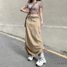 Lasaky - Personalized Asymmetrical Midi Skirt with Side Pleats, Slit and Utility Pockets - Irregular Long Skirt for Workwear Girls Long Skirts, Asymmetrical Midi Skirt, Utility Pockets, Cargo Skirt, Mid Length Skirts, Streetwear Outfits, Sleeveless Vest, 2000s Fashion, Types Of Skirts