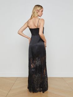 With a sultry boudoir-inspired mix of silk and lace, the Silvana embodies refined elegance. • 100% silk charmeuse• Lace insets• Scoop neck•Gown length• Adjustable straps• Hidden side zip closure | L'AGENCE Silvana Silk Lace Gown In Black Evening Lace Slip Dress With Contrast Lace, Evening Slip Dress With Contrast Lace, Luxury Fitted Slip Dress For Evening, Fitted Luxury Slip Dress For Evening, Elegant Party Slip Dress With Contrast Lace, Lace Slip Dress For Night Out With Bias Cut, Elegant Slip Dress With Delicate Lace For Night Out, Elegant Black Slip Dress With Contrast Lace, Fitted Slip Dress With Delicate Lace For Evening