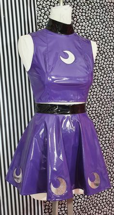 "This moon version of the PVC cut out set is just witchy perfection!! The crop top and skater skirt set is made from glossy deep purple pvc with black trims and transparent holo glitter moon cut out details!! The top zips open all the way up the back and the skirt also has a small zip in the back to get into it. Last pic shows the set styled with the black bat wing braces, also available in the shop ! Sizing is as follows: TOP XS - UK 8 - bust 33\", bottom of ribs 27\" S - UK 10 - bust 34\", bot Moon Cut, Purple Outfits, Bat Wing, Black Bat, All The Way Up, Really Cute Outfits, Cosplay Outfits, Character Outfits, Braces