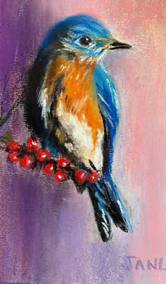 a painting of a blue bird on a branch with berries